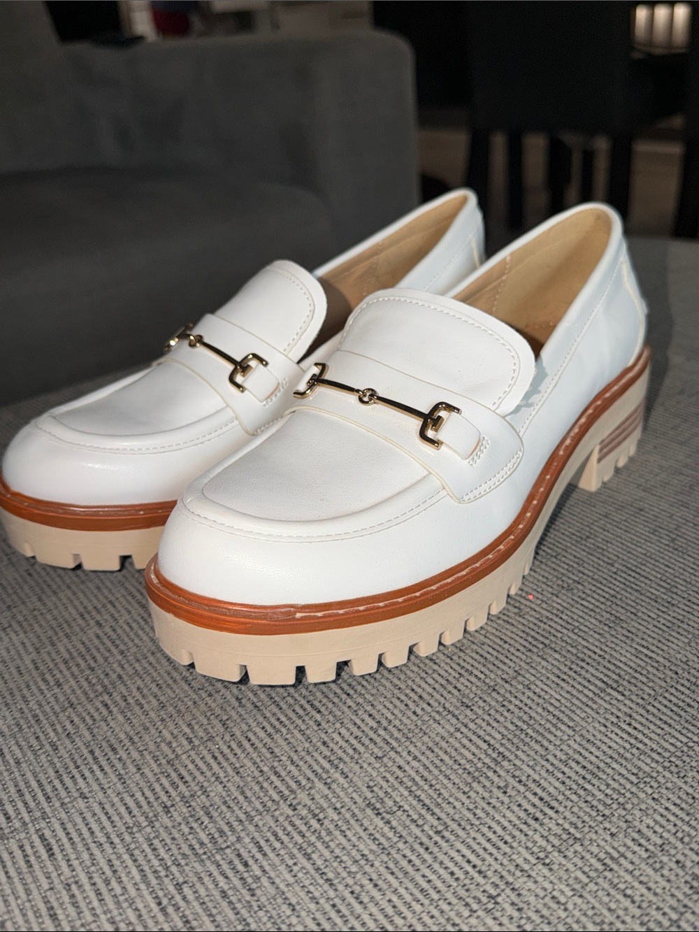 New White Women's Lug Sole Loafer with Gold Accents